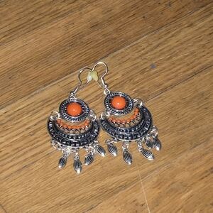Silver-Tone Dangle Earrings with Orange Beads